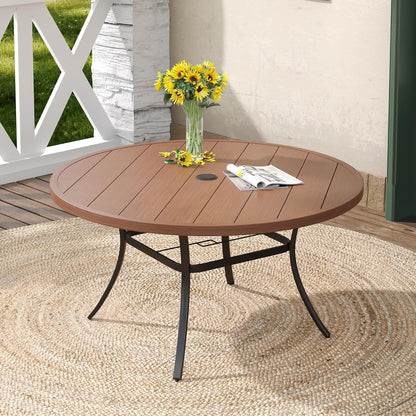 DIFY Patio Round Dining Table, 53" All Weather Round Outdoor Table with 1.57" Umbrella Hole for 8 Person, Perfect for Yard, Balcony and Lawn, Walnut
