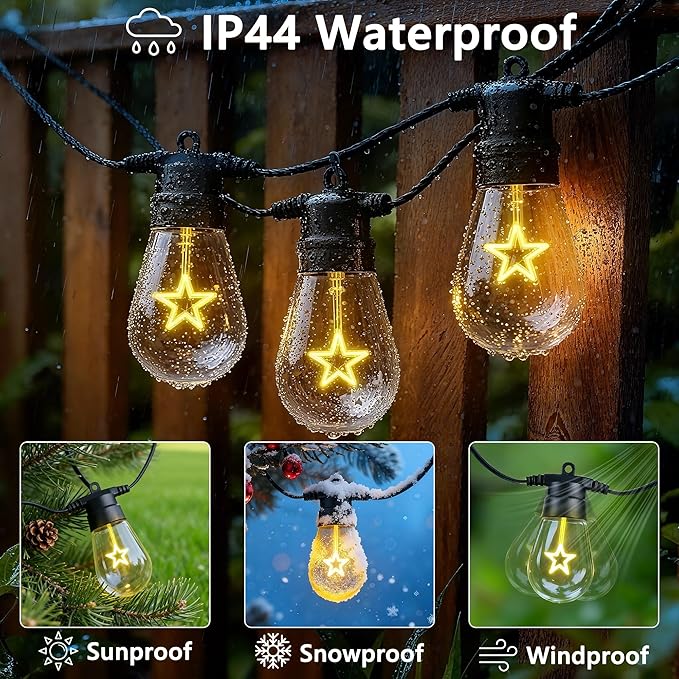LED Christmas Lights, 50FT Patio Lights with 16Pcs Shatterproof S14 Bulb(1 Spare),4 Lighting Mode, Connectable,Waterproof Warm White Edison Plastic Bulb Hanging Light for Yard Gazebo Porch Décor