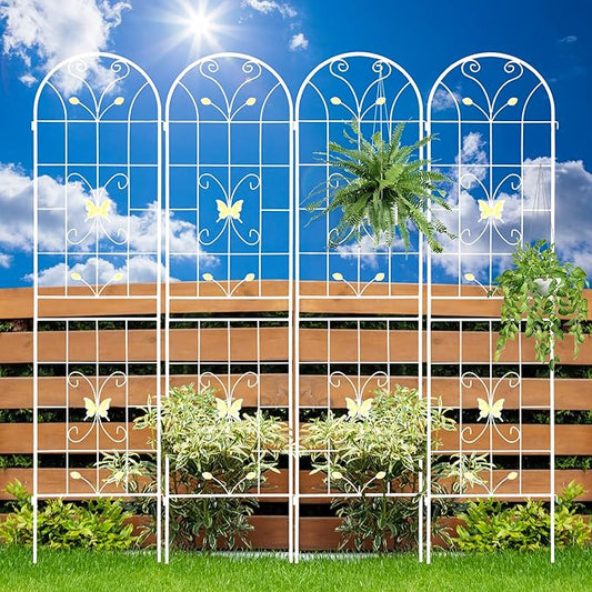 4 Pack Metal Garden Trellis 86.7" White Fence Rustproof Garden Trellis for Climbing Plants Support Roses Flower Outdoor Lawn, Cream White