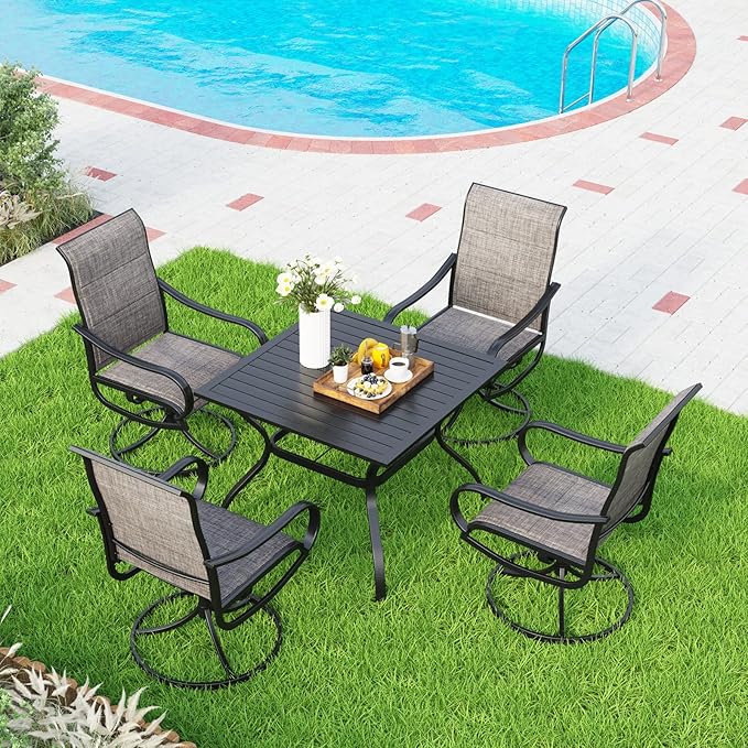 MFSTUDIO Outdoor Dining Set for 4, Patio Table and Chairs Set for Deck Backyard Poolside Garden, 5 Piece Patio Dining Set with Umbrella Hole