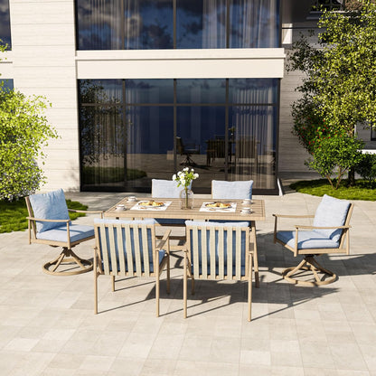 HAPPATIO Patio Table for 6, Large Modern Rectangle Outdoor Dining Table with Umbrella Hole and Adjustable Feet, All Weather Aluminum Patio Table for Garden, Backyard and Poolside, Brown