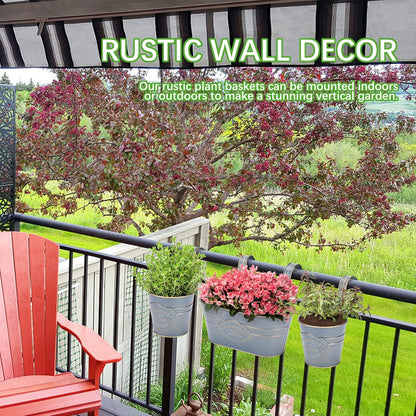 PerGar Vintage Metal Iron Wall Hanging Flower Pots, Rustic Planter Bucket Herb Flower Plant Holder with Detachable Hooks & Drainage Hole for Railing Fence Balcony Deck Garden Home Decoration, Set of 3