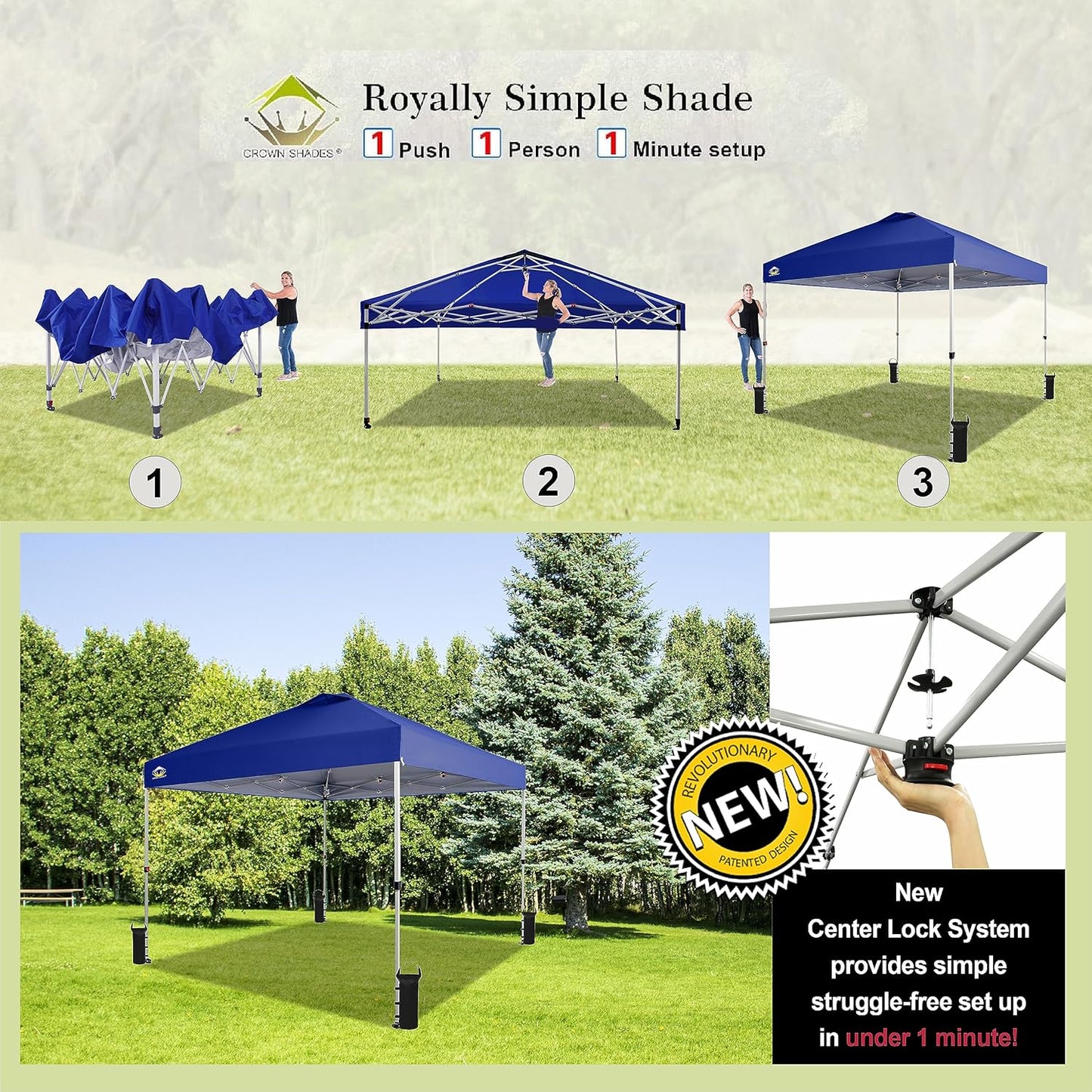CROWN SHADES 10x10 Pop Up Canopy - Beach Tent with One Push Setup - Easy Outdoor Sun Shade for Events, Parties, Camping - Gazebo with STO-N-Go Cover Bag, Silver Coated Top, Navy Blue