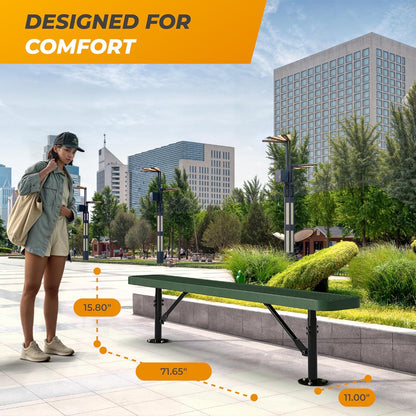 Heavy-Duty Outdoor Metal Bench, Thermoplastic-Coated, Surface, Weatherproof, Commercial-Grade for Parks, Gardens, Patios, Stores & More (6 Ft - Surface, Green)
