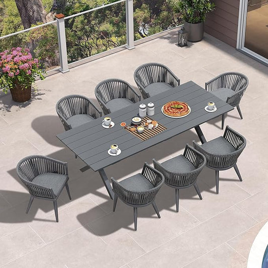 PURPLE LEAF 9 Piece Longer Outdoor Dining Set with Patio Aluminium Dining Table and Wicker Chairs Modern Furniture Cushions Sets for Backyard Indoor Decor Kitchen Gray