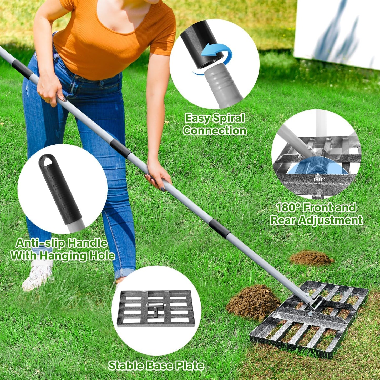 Lawn Leveling Rake, Lawn Leveler with Stainless Steel Long Handle, Heavy Duty Yard Level Tool for Leveling Soil, Sand Or Dirt Surfaces, Gardening Gloves Gift Included (17x10in)