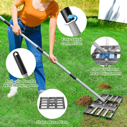 Lawn Leveling Rake, Lawn Leveler with Stainless Steel Long Handle, Heavy Duty Yard Level Tool for Leveling Soil, Sand Or Dirt Surfaces, Gardening Gloves Gift Included (17x10in)