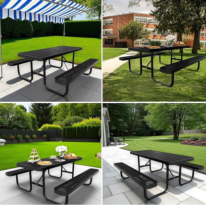 6FT Rectangular Steel Outdoor Picnic Table,Commercial Black Picnic Table Bench Set with Umbrella Hole, Weather-Resistant Heavy Duty School Dining Table for Patio, Garden, Backyard