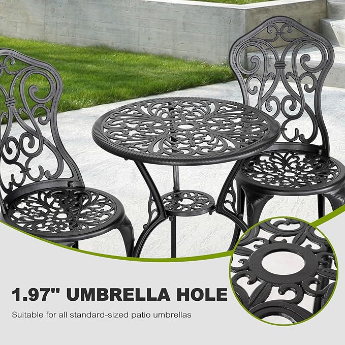 NUU GARDEN 3 Pieces Patio Bistro Set, Outdoor Bistro Set with 2 Chairs, Round Table with Umbrella Hole, All-Weather Outdoor Patio Bistro Set for Garden, Lawn, Poolside, Porch, Black