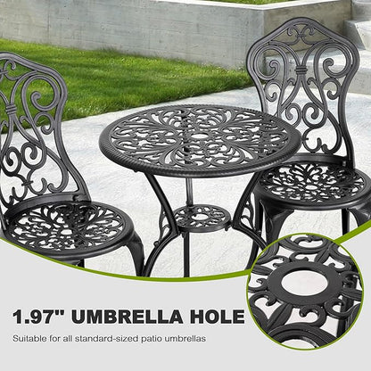 NUU GARDEN 3 Pieces Patio Bistro Set, Outdoor Bistro Set with 2 Chairs, Round Table with Umbrella Hole, All-Weather Outdoor Patio Bistro Set for Garden, Lawn, Poolside, Porch, Black