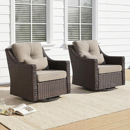CHITA 2 Pieces Patio Wicker Chairs, 360° Rocking Swivels Outdoor Rattan Chair with Thickened Cushions for Backyard, Poolside, Garden or Porch
