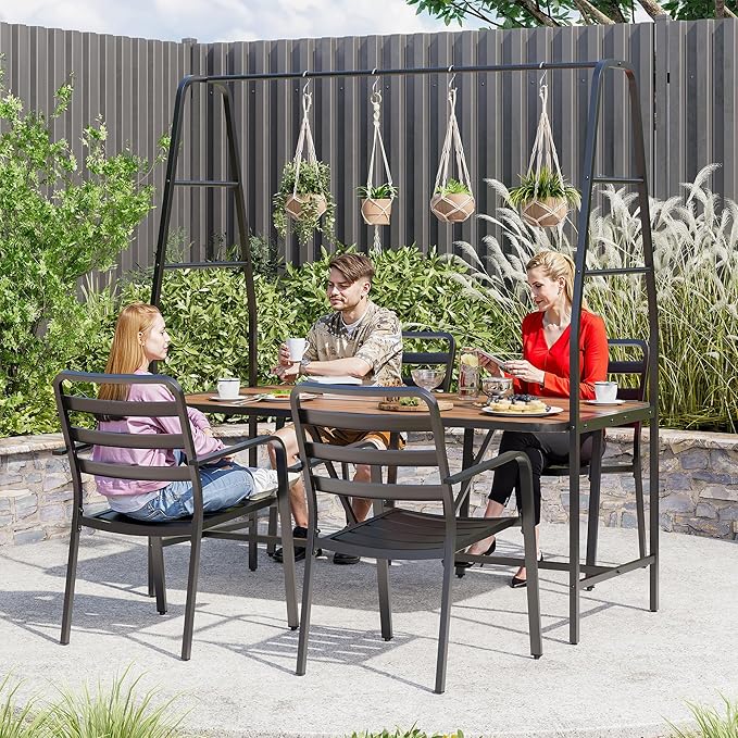 LAUSAINT HOME A-Frame Outdoor Dining Table Set for 4 with 4 Hooks, Patio Furniture Set for Garden, Backyard and Patio, for Family, Holiday and Winter, Black
