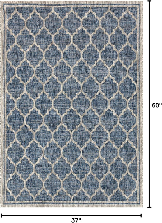 Eyely BMS109D-3 Santa Monica Trebol Moroccan Trellis Textured Weave Indoor/Outdoor Area Rug Coastal;Bohemian, Bedroom, Backyard, Patio, Easy-Cleaning, Non-Shedding, 3 X 5, Navy/Gray