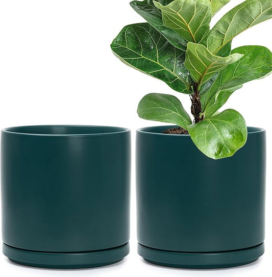D'vine Dev Set of 2 Plants Pots, 10 Inch Ceramic Planter Pot for Plants with Drainage Hole and Saucer, Teal, 94-V-E-9