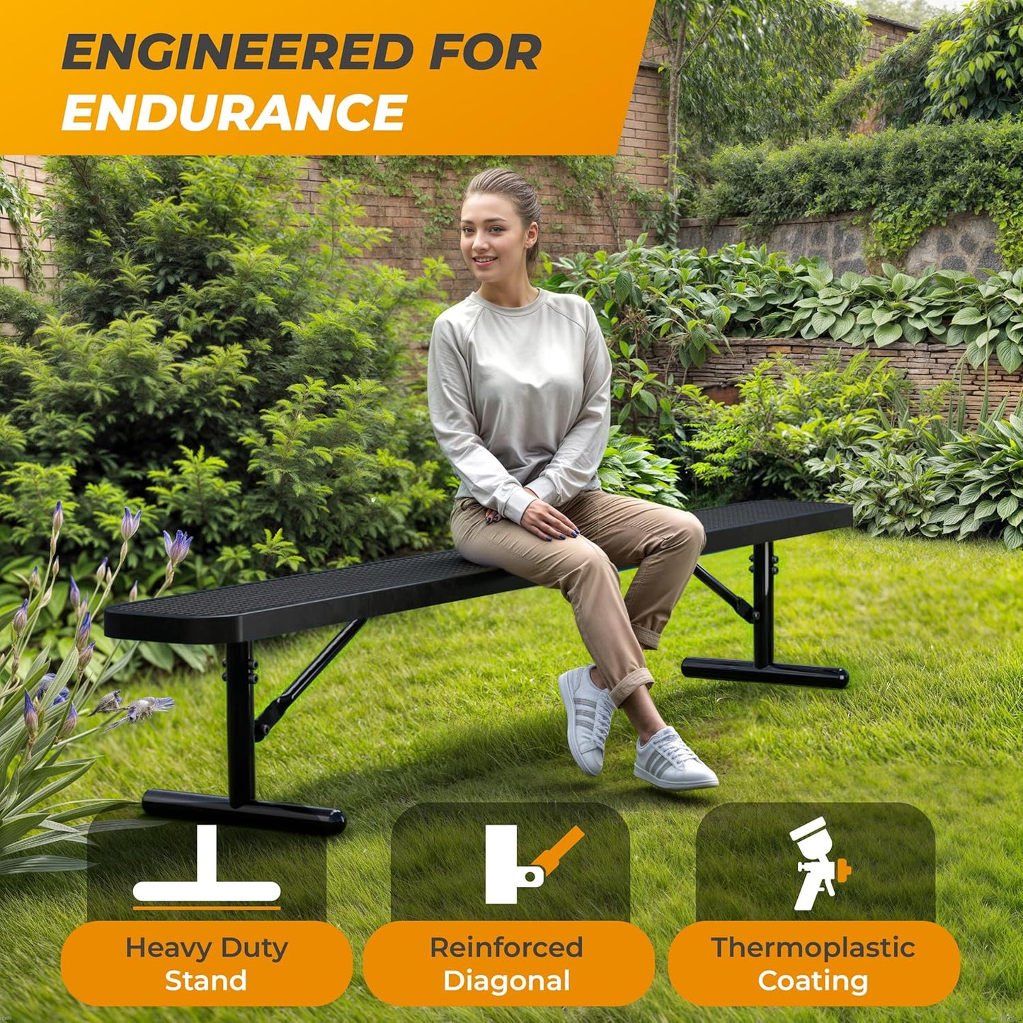 Heavy-Duty Outdoor Metal Bench, Thermoplastic-Coated, Portable, Weatherproof, Commercial-Grade for Parks, Gardens, Patios, Stores & More (8 Ft - Portable, Black)