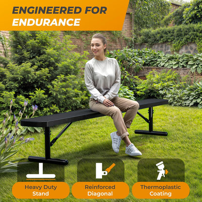Heavy-Duty Outdoor Metal Bench, Thermoplastic-Coated, Portable, Weatherproof, Commercial-Grade for Parks, Gardens, Patios, Stores & More (8 Ft - Portable, Black)
