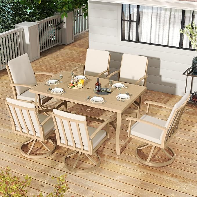 HAPPATIO 7 Piece Patio Swivel Dining Set, Aluminum Outdoor Dining Set for 6,Dining Table and Chairs Set, Patio Dining Furniture with Aluminum Table, Swivel Chairs and Washable Cushions (Beige)