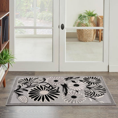 Nourison Home Aloha Indoor/Outdoor Black White 2'8" x 4' Area Rug, Easy Cleaning, Non Shedding, Bed Room, Living Room, Dining Room, Backyard, Deck, Patio (3x4)