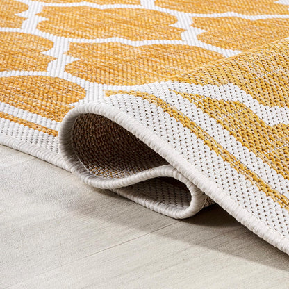 Eyely BMS109F-5SQ Santa Monica Trebol Moroccan Trellis Textured Weave Indoor/Outdoor Area Rug Coastal;Bohemian, Bedroom, Backyard, Patio, Easy-Cleaning, Non-Shedding, 5' Square, Yellow/Cream