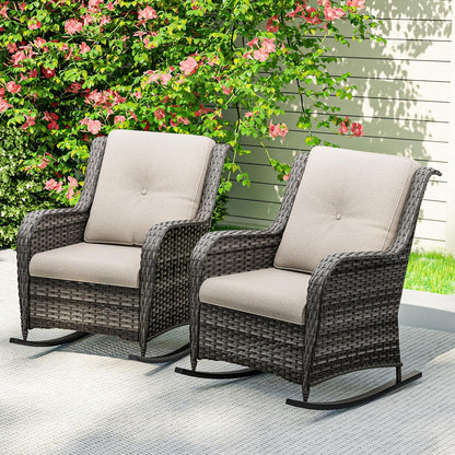 Outdoor Rocking Chair of 2, Wicker Patio Rocker Chair for Yard, Porch, Mixed Brown Grey Rattan, Beige Cushions