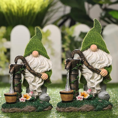 TERESA'S COLLECTIONS Resin Garden Gnomes Decor with Solar Lights, Fathers Gifts, Green Outdoor Decorations for Porch Patio, Gifts for Dad and Mom，Outdoor Garden Decor Ornaments for Outside, 10"