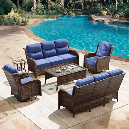 HILLGA Luxury Patio Furniture Set with 6-Inch Thick Cushions, High Back Outdoor Swivel Rocker Chairs and Patio Couch, 6-Piece All Weather Conversation Set for Porch Deck Pool Yard, Blue (V3)