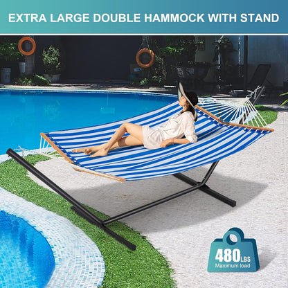 Two Person Hammock with Stand Heavy Duty, Outdoor Patio Hammock with Portable Steel Stand, Large Double Hammocks with Quick Dry Textilene Fabric,480lbs Capacity.(Blue White)
