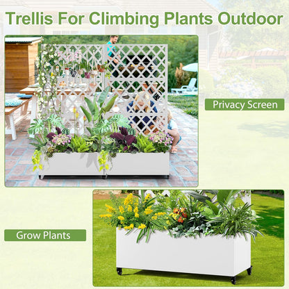 Metal Planter Trellis Box with Wheels & Drain Plug Outdoor Raised Garden Bed Patio Privacy Screen with Planter for Climbing Plants, Vegetables 73"x35"x16" White-Diamond