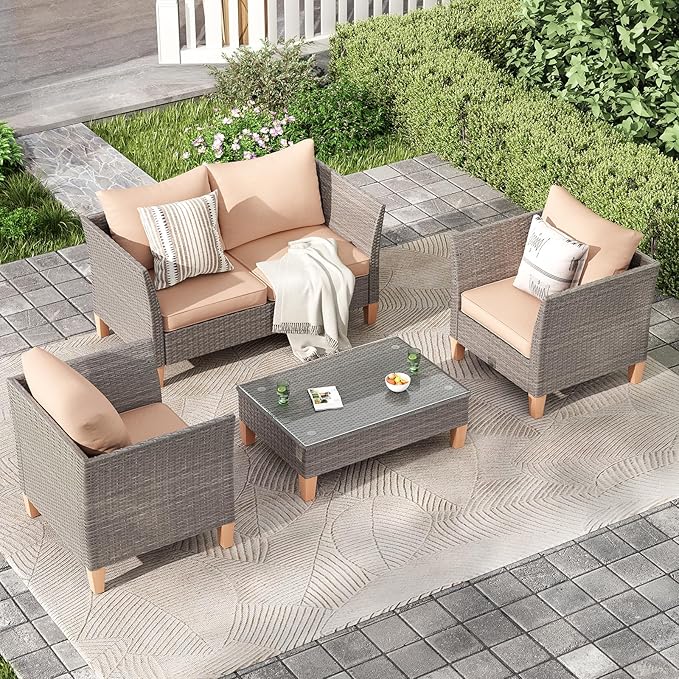 Soohow 5-Piece Patio Furniture Set, Outdoor Furniture with Coffee Table, Loveseat & 2 Single Chairs, 4-Inch Thickened Cushions with Water/Oil/Stain-Resistant Fabric (Beige Cushion + Gray Wicker)