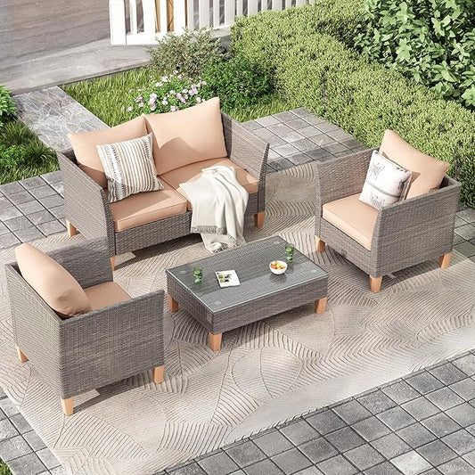 Soohow 5-Piece Patio Furniture Set, Outdoor Furniture with Coffee Table, Loveseat & 2 Single Chairs, 4-Inch Thickened Cushions with Water/Oil/Stain-Resistant Fabric (Beige Cushion + Gray Wicker)