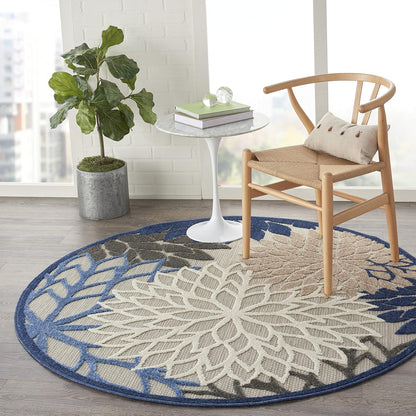 Nourison Aloha Indoor/Outdoor Blue/Multicolor 5'3" x Round Area Rug, Tropical, Botanical, Easy Cleaning, Non Shedding, Bed Room, Living Room, Dining Room, Deck, Backyard, Patio (5 Round)