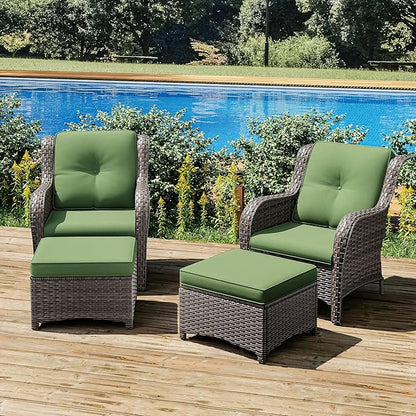 Joyside 4 Pieces Outdoor Patio Furniture Set Wicker Conversation Bistro Set 2 PE Wicker Patio with 2pcs Ottomans for Backyard, Porch, Balcony(Mixed Grey/Green)