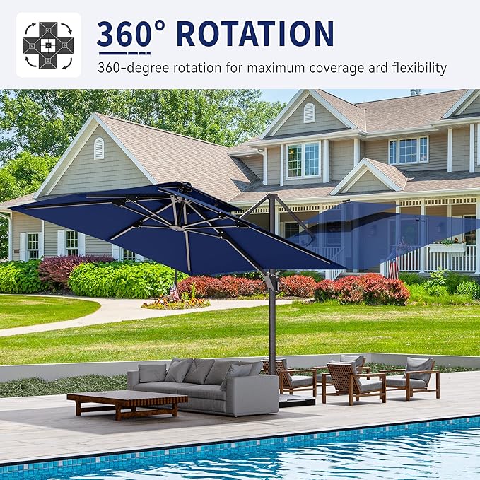10' X 10' Cantilever Patio Umbrella Outdoor with Base Included Heavy Duty Double Top Windproof Square Offset Umbrellas with 360-degree Rotation for Pool Deck Backyard, Navy