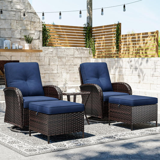 Joyside 5 Piece Patio Furniture Set, Outdoor Swivel Chair Sets with Thick Cushion and Ottoman, Wicker Patio Conversation Set for Porch, Deck Use (Brown/Blue, 5 PCS)