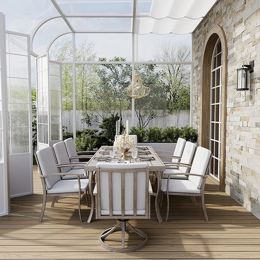 HAPPATIO Aluminum 9 Piece Patio Dining Sets, Outdoor Dining Set for 8, Patio Furniture Sets, 2 Swivel Dining Chairs, 6 Dining Chairs, Aluminum Furniture Set for Patio, Yard (Gray)