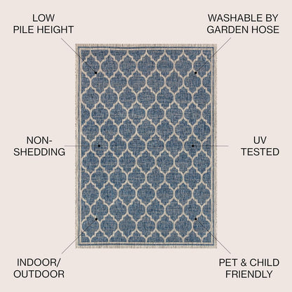 Eyely BMS109D-4SQ Santa Monica Trebol Moroccan Trellis Textured Weave, Pet Friendly, Non-Shedding, Stain Resistant, Easy-Cleaning, Navy/Gray, 4' Square, Indoor/Outdoor, Area Rug