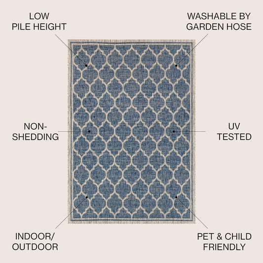 Eyely BMS109D-4SQ Santa Monica Trebol Moroccan Trellis Textured Weave, Pet Friendly, Non-Shedding, Stain Resistant, Easy-Cleaning, Navy/Gray, 4' Square, Indoor/Outdoor, Area Rug