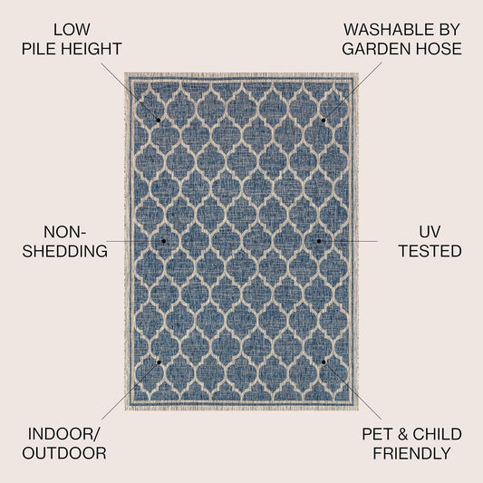 Eyely BMS109D-6 Santa Monica Trebol Moroccan Trellis Textured Weave, Pet Friendly, Non-Shedding, Stain Resistant, Easy-Cleaning, Navy/Gray, 6 ft. x 9 ft., Indoor/Outdoor, Area Rug