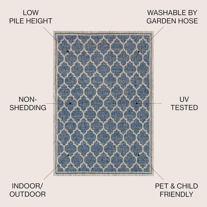 Eyely BMS109D-3R Santa Monica Trebol Moroccan Trellis Textured Weave, Pet Friendly, Non-Shedding, Stain Resistant, Easy-Cleaning, Navy/Gray, 3' Round, Indoor/Outdoor, Area Rug