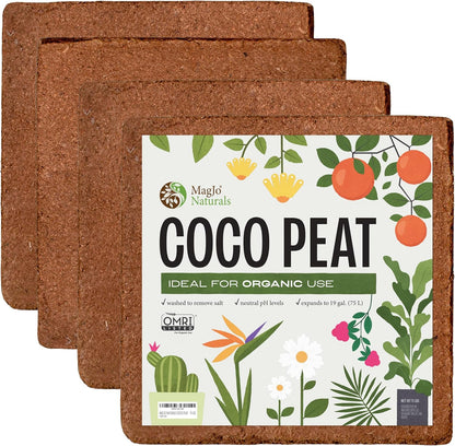 MagJo Naturals 100% Pure Coco Coir 4 Pack (44 Pounds Total) Coco Peat, Listed for Organic Gardening, Coconut Coir - Low EC and pH Balance - High Expansion Coco Fiber for Herbs, Flowers, Planting