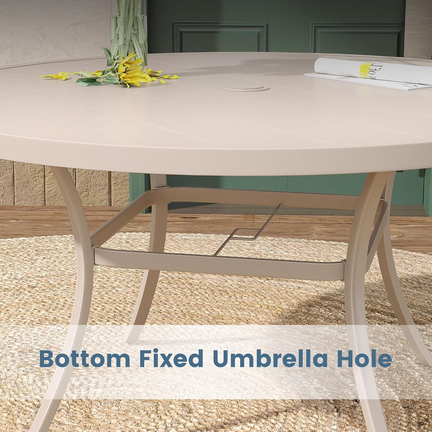 DIFY 60" Round Outdoor Patio Dining Table for 8-10, Metal Patio Table with 1.57" Adjustable Umbrella Hole, All-Weather Dining Furniture Table for Backyard Lawn Garden, Cream