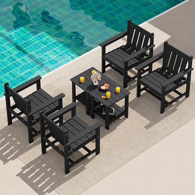 SERWALL 3 Pieces Patio Bistro Set, All Weather Adirondack Chair Set with Side Table, HDPE Material Outdoor Patio Furniture Set for Balcony, Porch, Garden, Backyard- Black