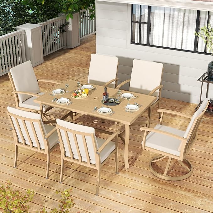 HAPPATIO 7 Piece Patio Dining Set, Aluminum Outdoor Dining Set for 6, Patio Furniture Sets, 2 Swivel Dining Chairs, 4 Dining Chairs, Aluminum Furniture Set for Patio, Yard (Beige)