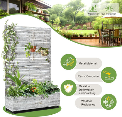 FENCY Metal Raised Garden Bed with Wheels and Trellis,73"x47"x16" Planter Box for Climbing Plants, Vegetables & Vines, Features Privacy Screen and Drainage Holes (White Wood Color)