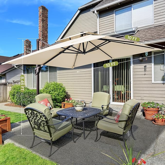 10x10 FT Cantilever Patio Umbrella with Base Included Double Top Outdoor Square Large Heavy Duty Aluminum Offset Umbrellas with 7 Level Tilt 360-degree Rotation for Pool Garden Deck,Beige