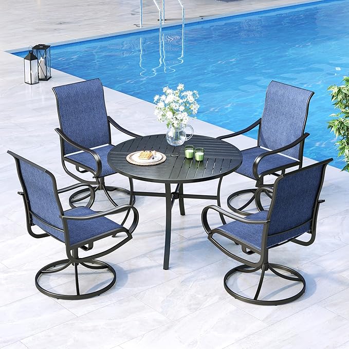 MFSTUDIO Outdoor Dining Set for 4，Round Patio Table and Chairs Set with Umbrella Hole, 5 Piece Patio Furniture Set for Deck, Backyard, Poolside & Garden