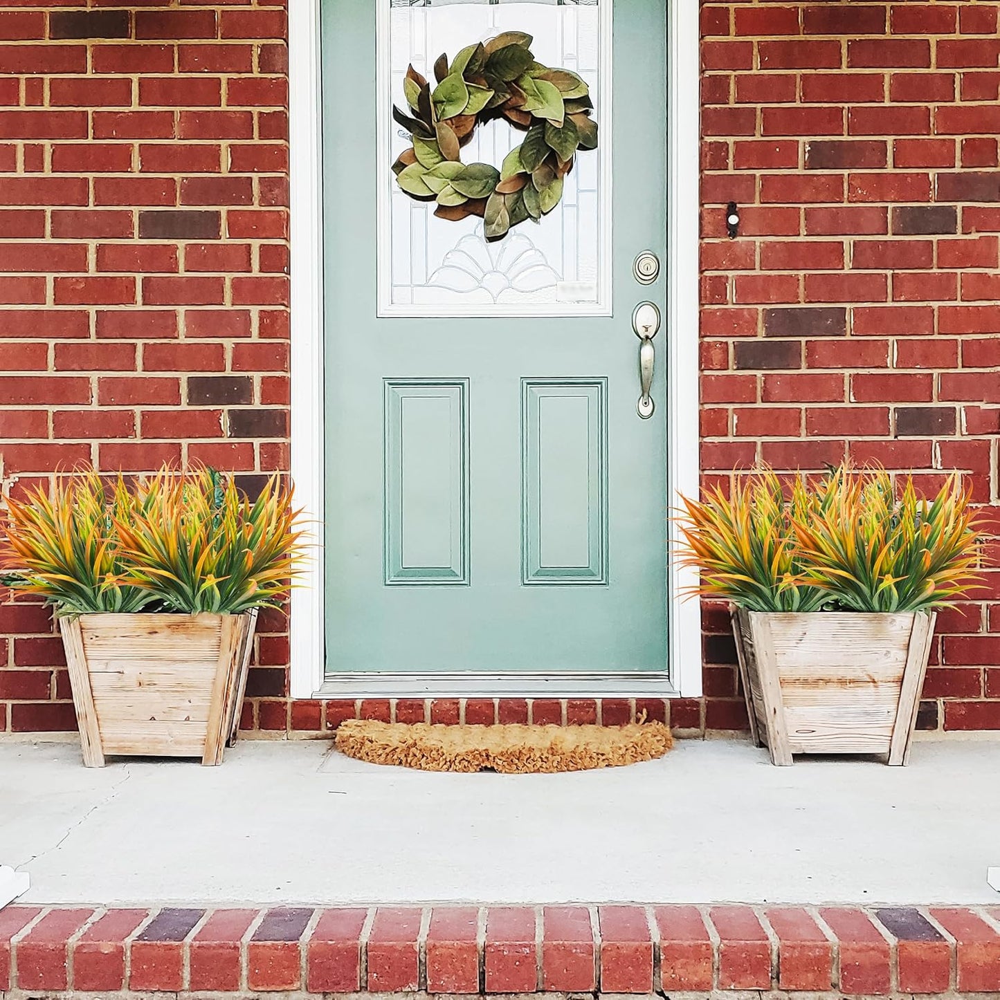 16Pcs Artificial Grass Fake Plants 17.3in Outdoor Plastic Plants UV Resistant Greenery Fake Grass for Home Window Garden Office Patio Hanging Planter Pathway Front Porch Décor Orange Yellow