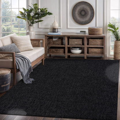 CAMILSON Easy Jute Rug 8x10, Indoor Outdoor Dark Gray Black Farmhouse Area Rugs for Living Room Patio and Kitchen Rug Solid Boho Woven Design Easy-Cleaning Washable Outside Carpet Alfombras (8 x 10)