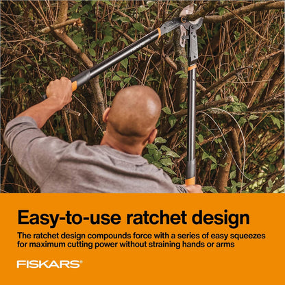 Fiskars Ratchet Drive Anvil Lopper 32 Inch Heavy Duty Tree Trimmer, 2 inch Cut Capacity, Riveted Handles for Easy Squeeze Cutting Power