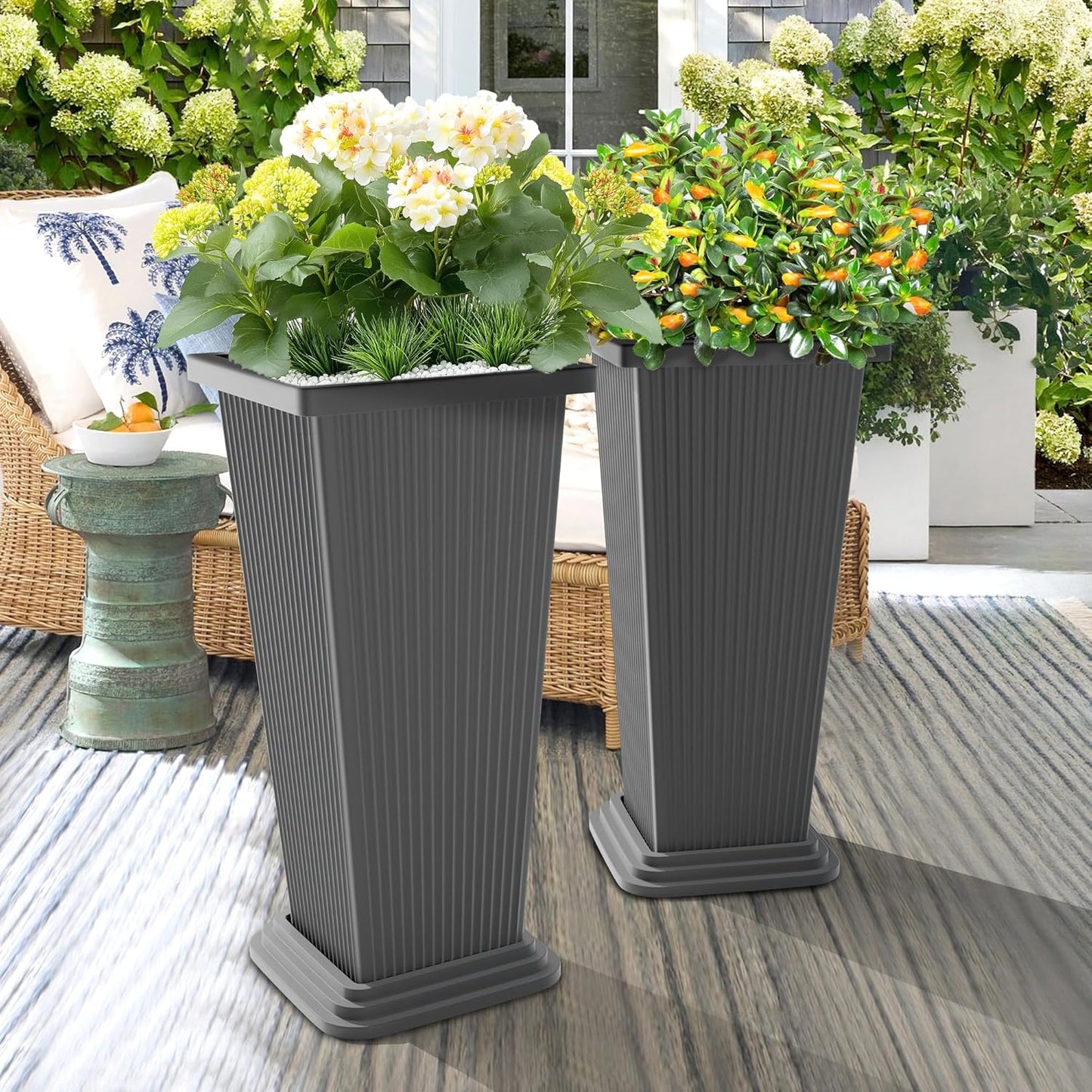 Set of 2 Tall Planters, 24" Large Indoor Outdoor Flower Pots with Tray, Modern Tapered Planters for Porch, Patio, Garden, Backyard